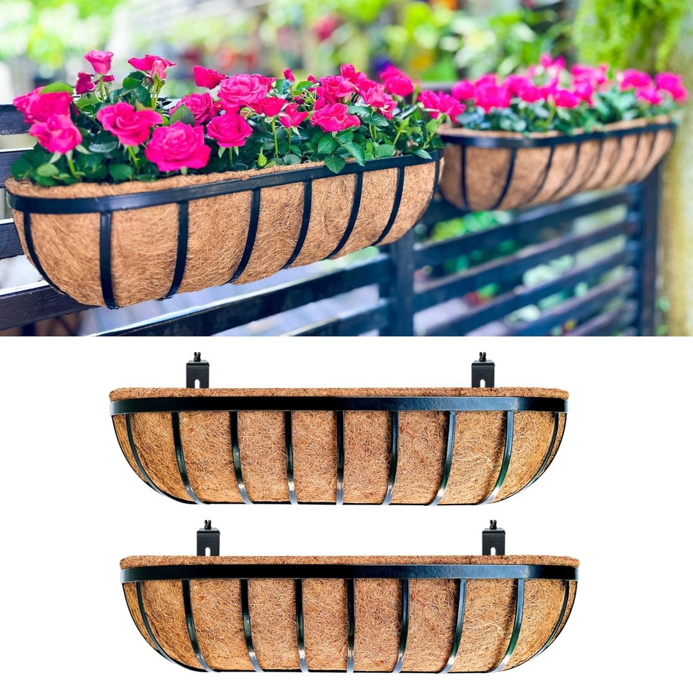LaLaGreen Railing Planters Box (2 Pack, 30") Black Metal Large Rectangular Wi...
