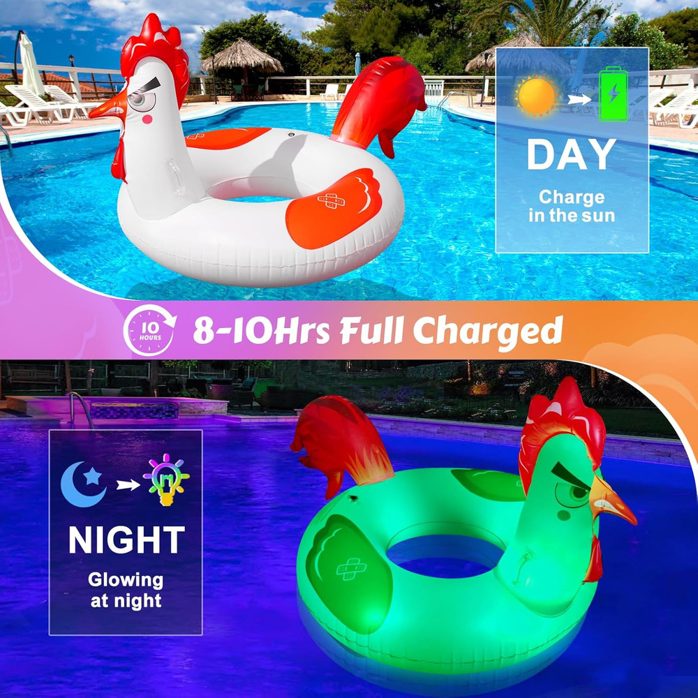 Inflatable Pool Floats with Lights, 63" Chicken Pool Floaties with Solar Powered