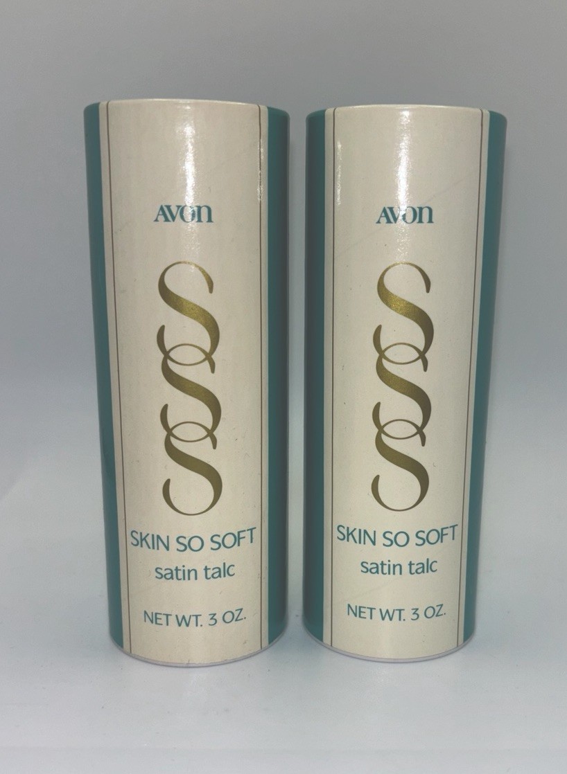 2 Vintage Avon SKIN SO SOFT 3 oz Satin Perfumed Talc Powder Blue / White NOS