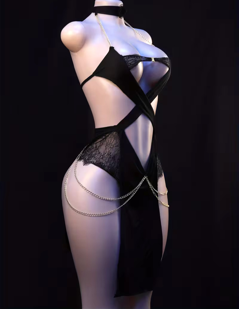 NEW Asian 1-Sz EGYPTIAN CATWOMAN SEDUCTION Black Lace Gld Chain Bodycon Lingerie