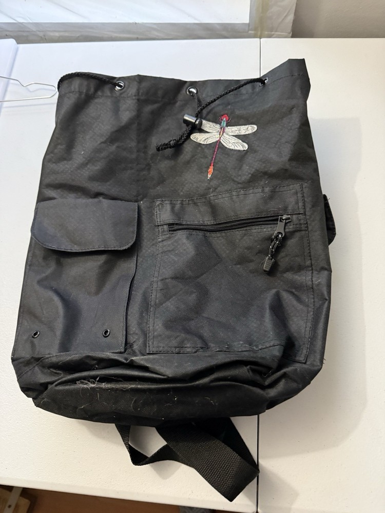 Black Nylon Drawstring Storage Bag with Dragonfly Embroidery, Large