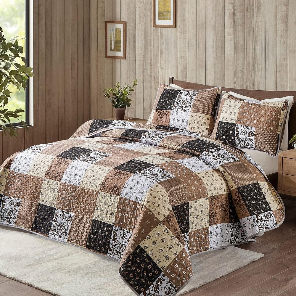 Luxurious Khaki Patchwork Quilt Set - King Size, Reversible & Machine Washable