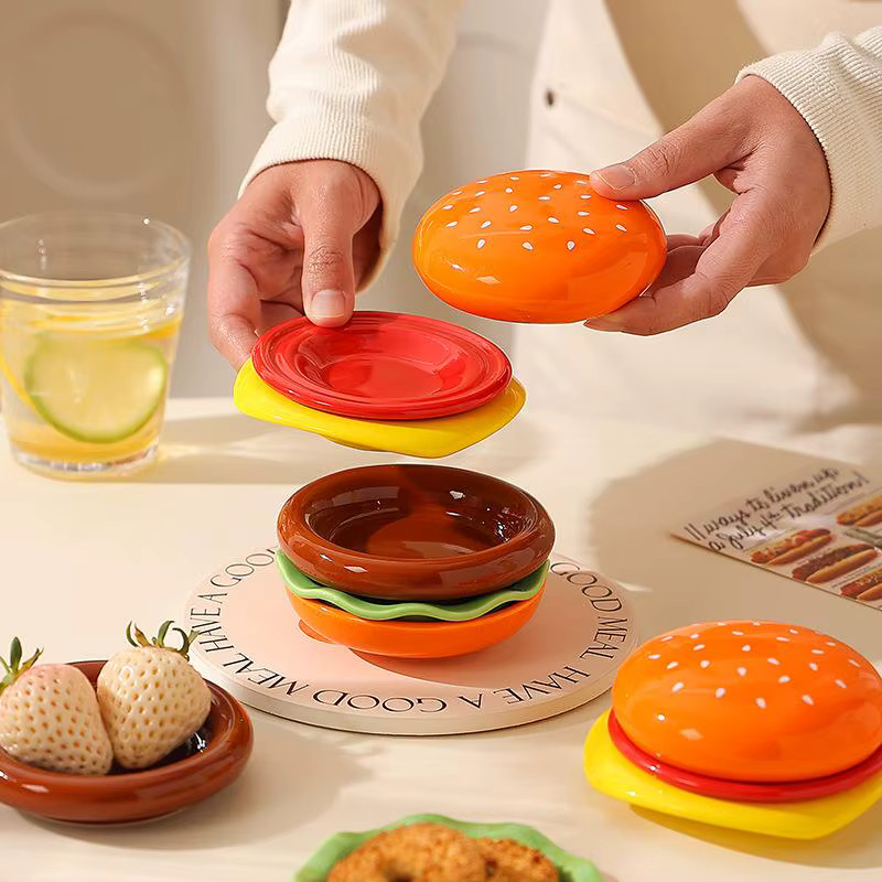 Stackable 6-Layer Hamburger Plate Set Mini PP Dinner Plates with Sauce Container