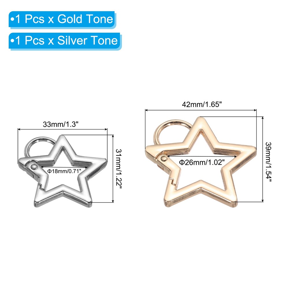 2Pcs Star Shaped Spring Snap Keychain Clip Trigger Keychain W Ring Gold/Silver