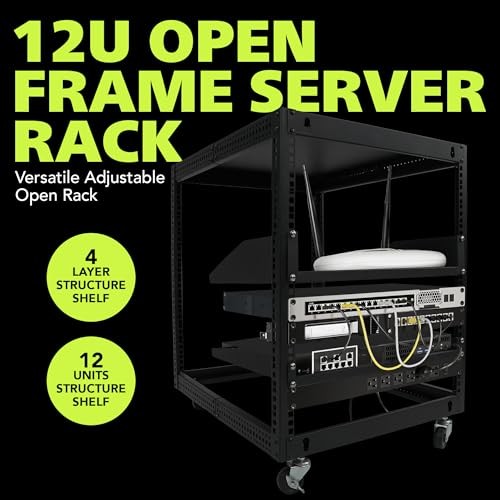 12U Open Frame Server Rack, 23''-40'' Adjustable Depth, Free Standing or Wall