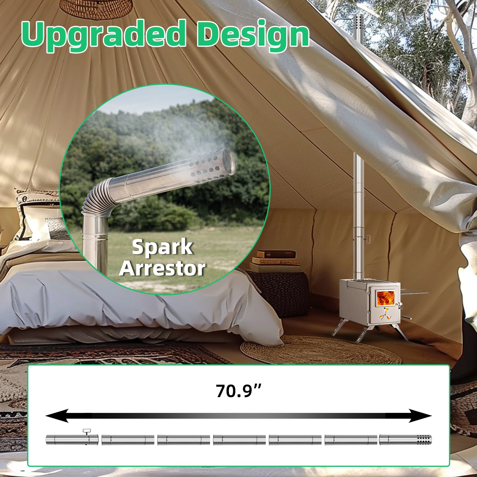 Camping Stove for Tent, Portable Stainless Steel Stove with 7 Chimney Pipes