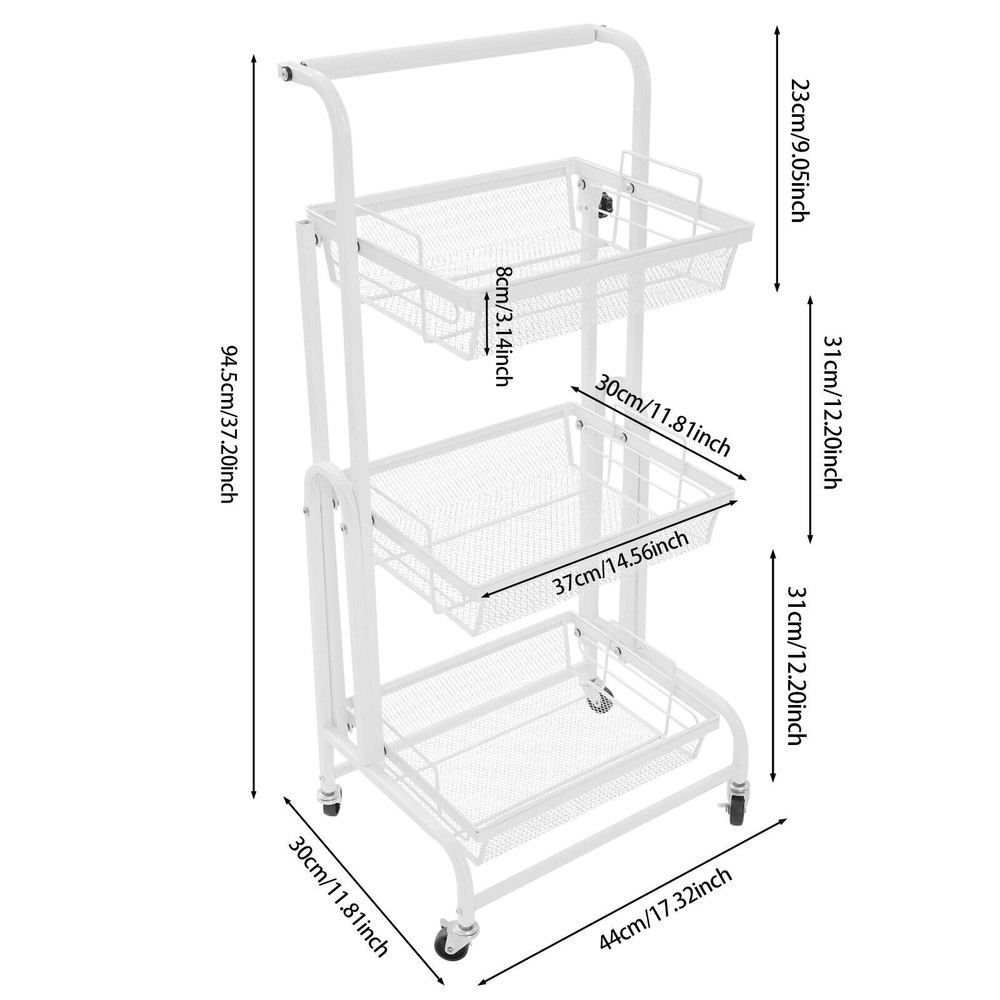 3-Tier Multi-Functional Storage Cart Metal Rolling Utility Cart White Adjustable