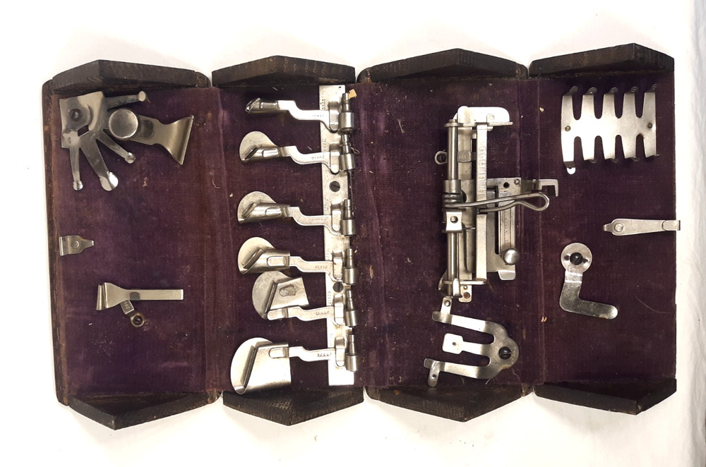 1889 Singer Sewing Machine Oak Folding Box with Some Attachments