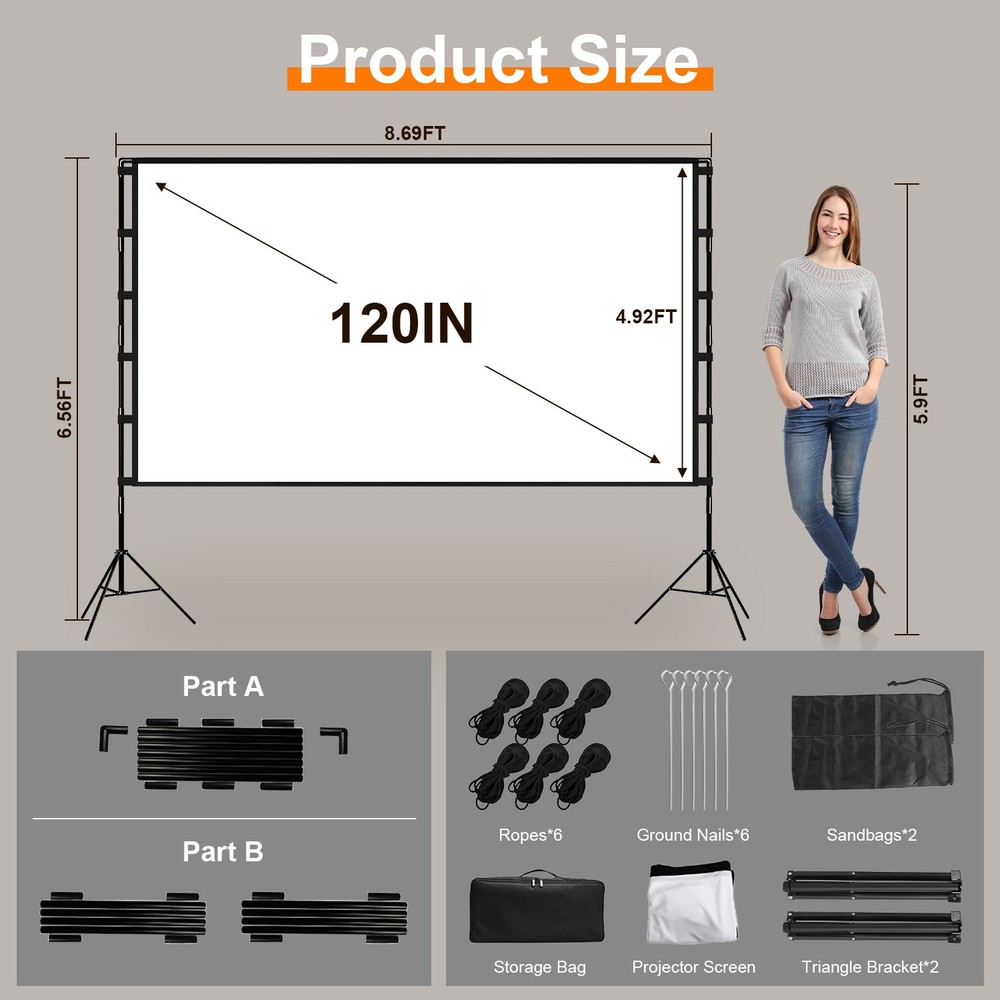 Projector Screen &Stand, 100 in Outdoor Projector Screen Large Projection Screen