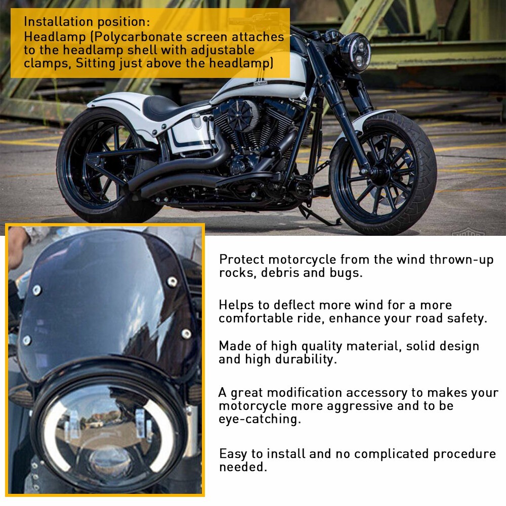 Motorcycle Headlight Windshield Windscreen Universal For 5-7'' Round Headlight A