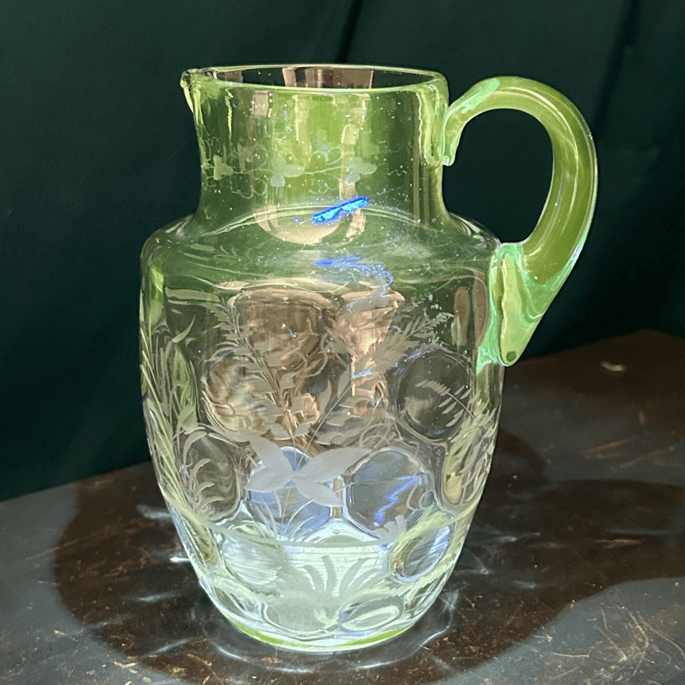 Broken Blue Uranium Glass Etched Swan Pitcher