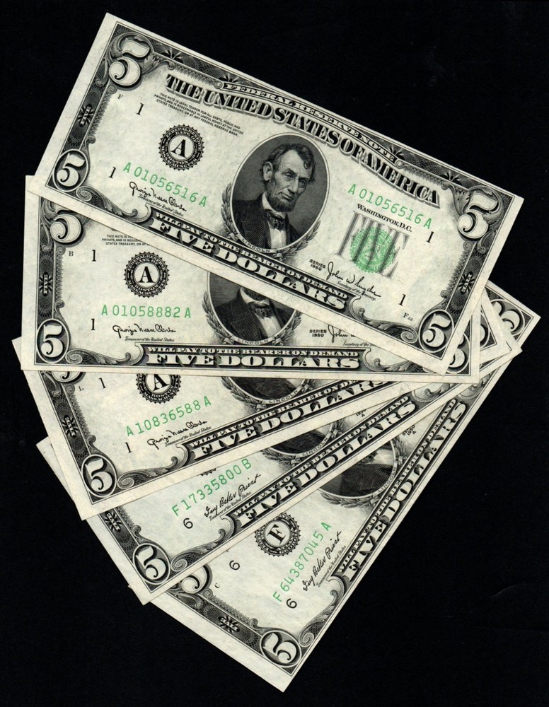 Five (5) UNC 1950 Notes - (3) 1950, (2) 1950A Federal Reserve Notes!