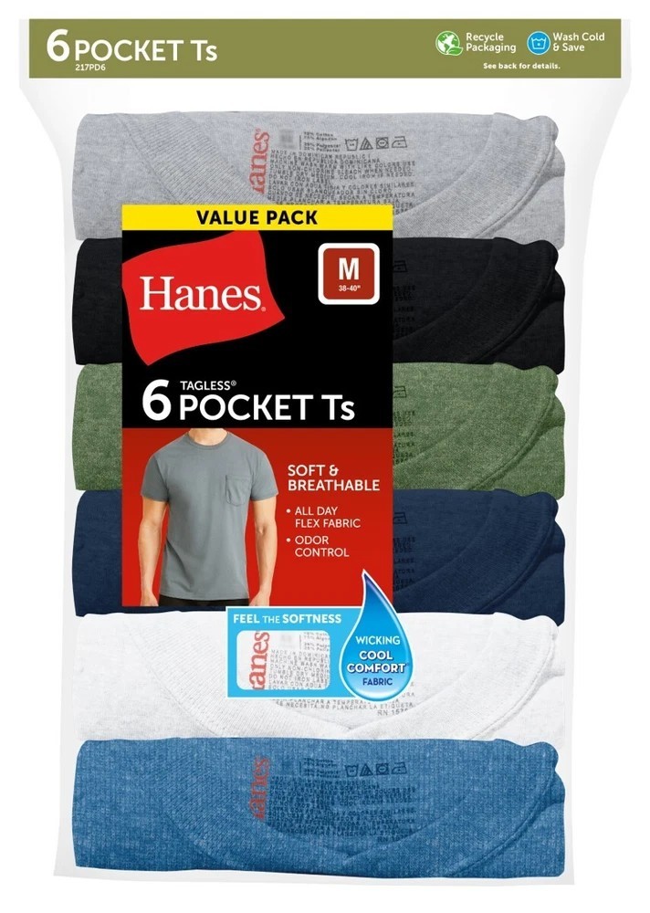 Hanes 6-Pack Pocket Tee Men's T-Shirt Soft and Breathable Assorted