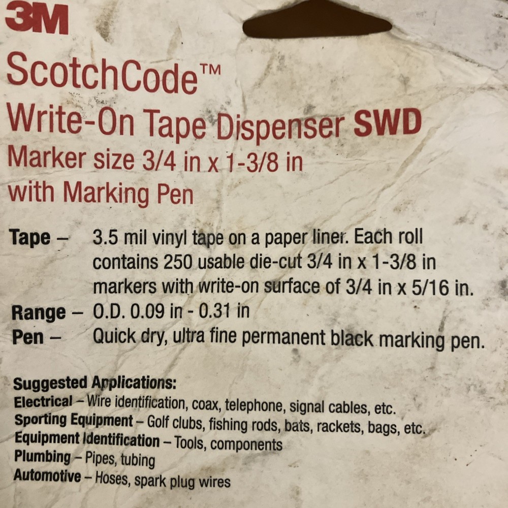 3M SWD ScotchCode Wire Marker Write-On Dispenser Tape With Pen NOS
