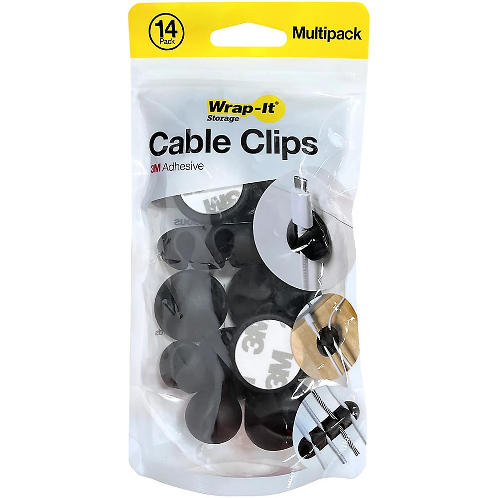 Wrap-It Storage Straps Cable Clips Assorted 14pck Silicone Adhesive Backed Blk