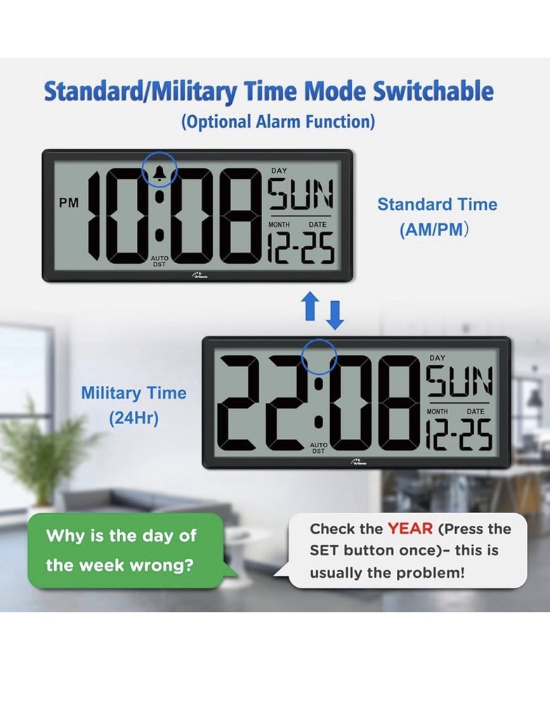 WallarGe 14.5'' Large Digital Wall Clock Battery Operated