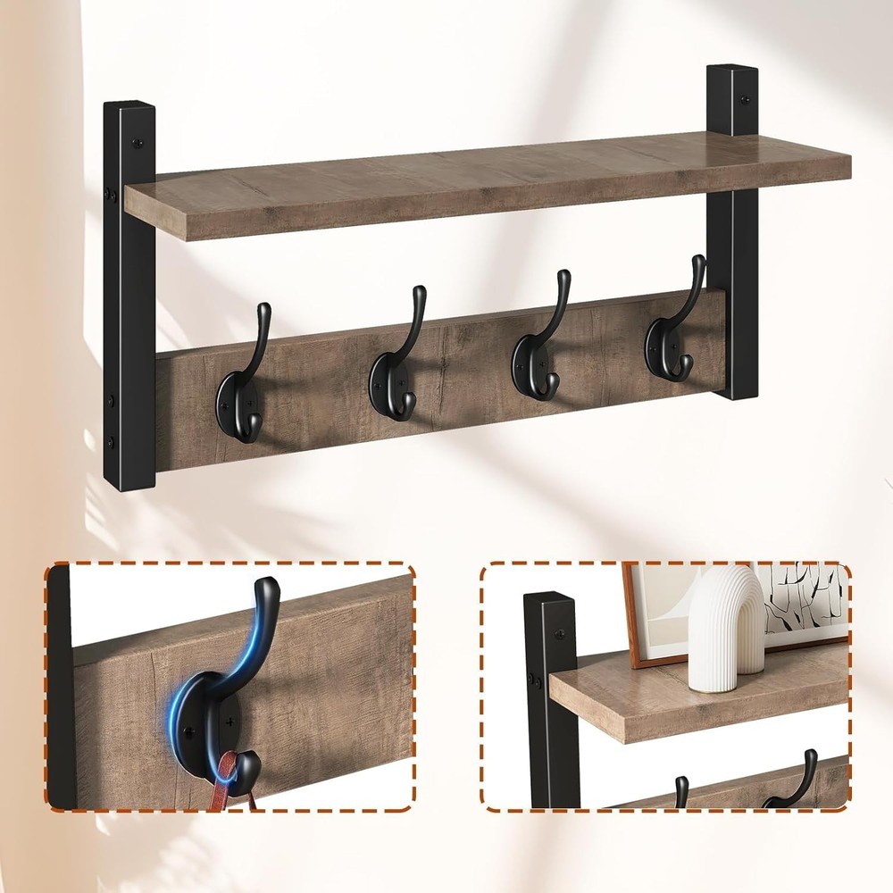 Versatile Wall Coat Hooks with Floating Shelf - 8 Hooks, 2 Pack in Silver Gray