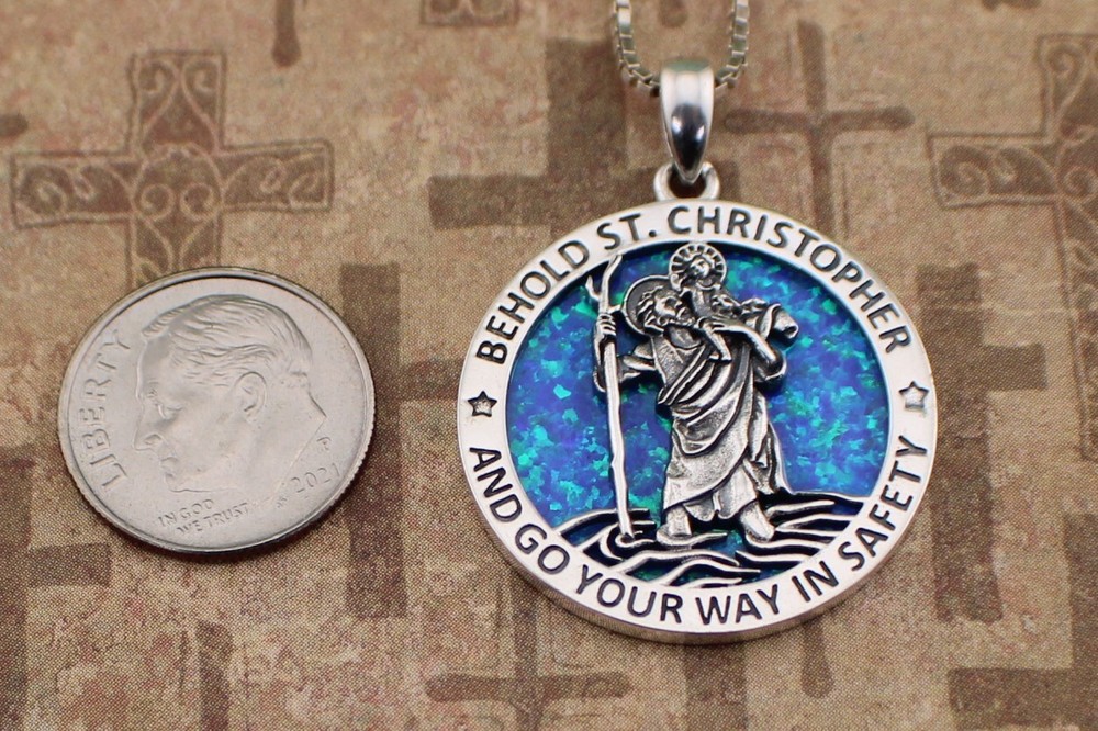 Sterling Silver and Australian Blue Opal St Christopher Necklace