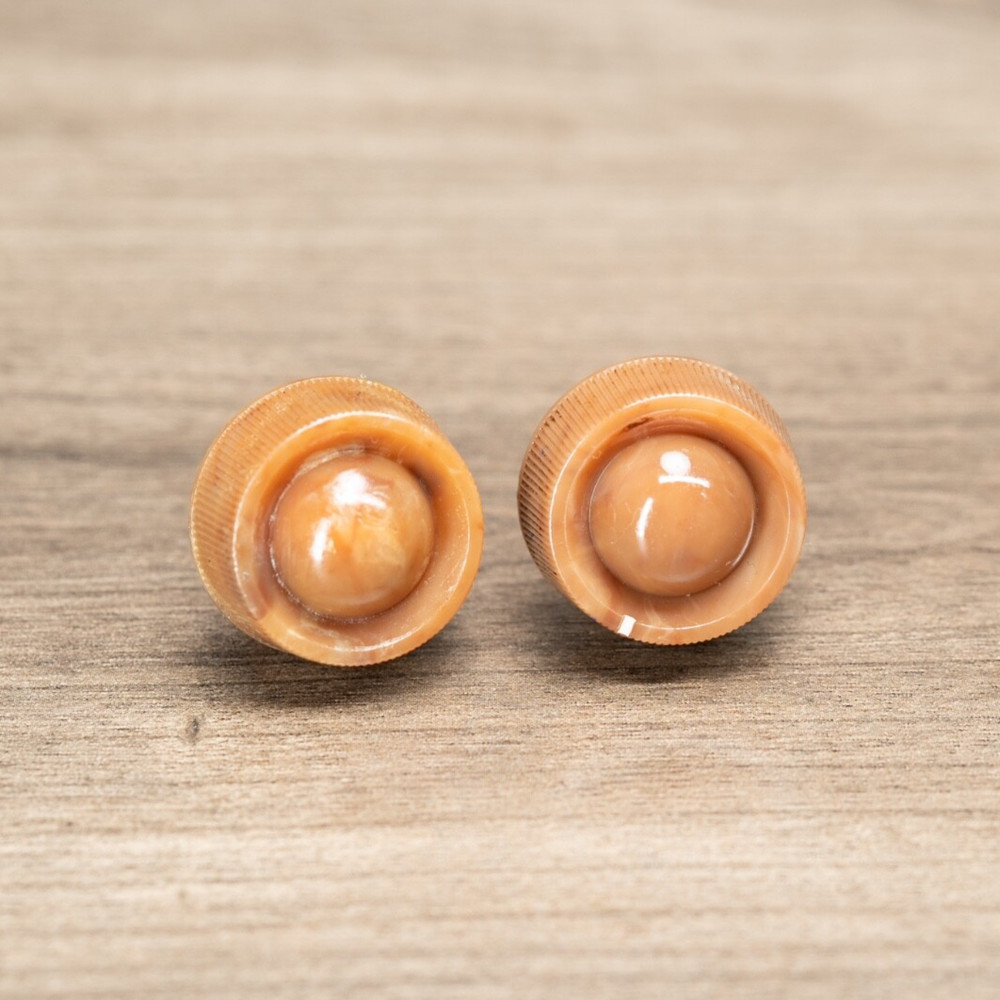 Midcentury Bendix Radio Knobs 2pc Caramel Swirled Plastic 1/4" Opening D Shaft