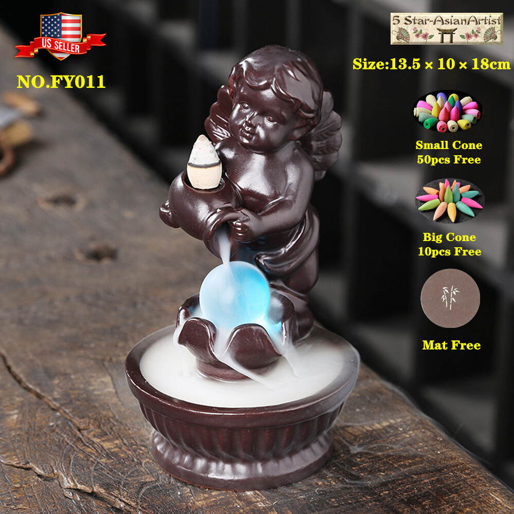 Ceramic Backflow Incense Burner Dragon Mountain Waterfall 060 & 60pcs Cones Gift