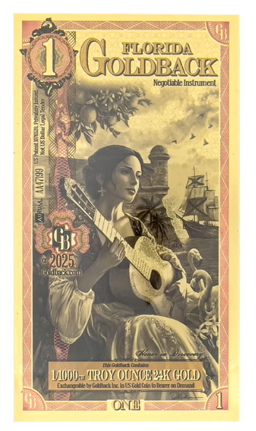 Florida 1 Goldbacks 2025 Alpha Gold Foil Note 1/1000th Troy Oz 24KT Goldback