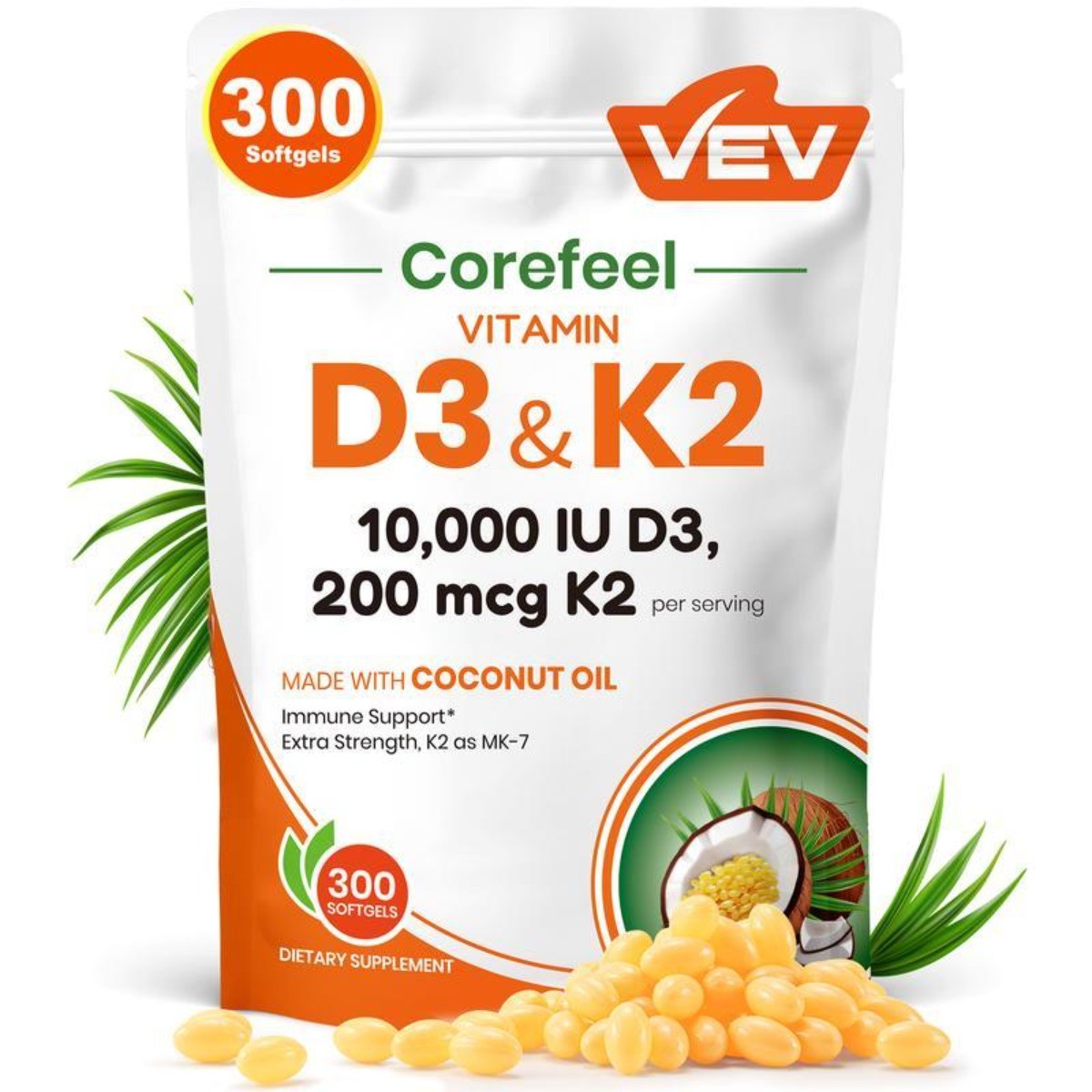 VEV Vitamin D3 K2 10000 IU, 300 Coconut Oil Softgels, 2-in-1 D & K Supplement