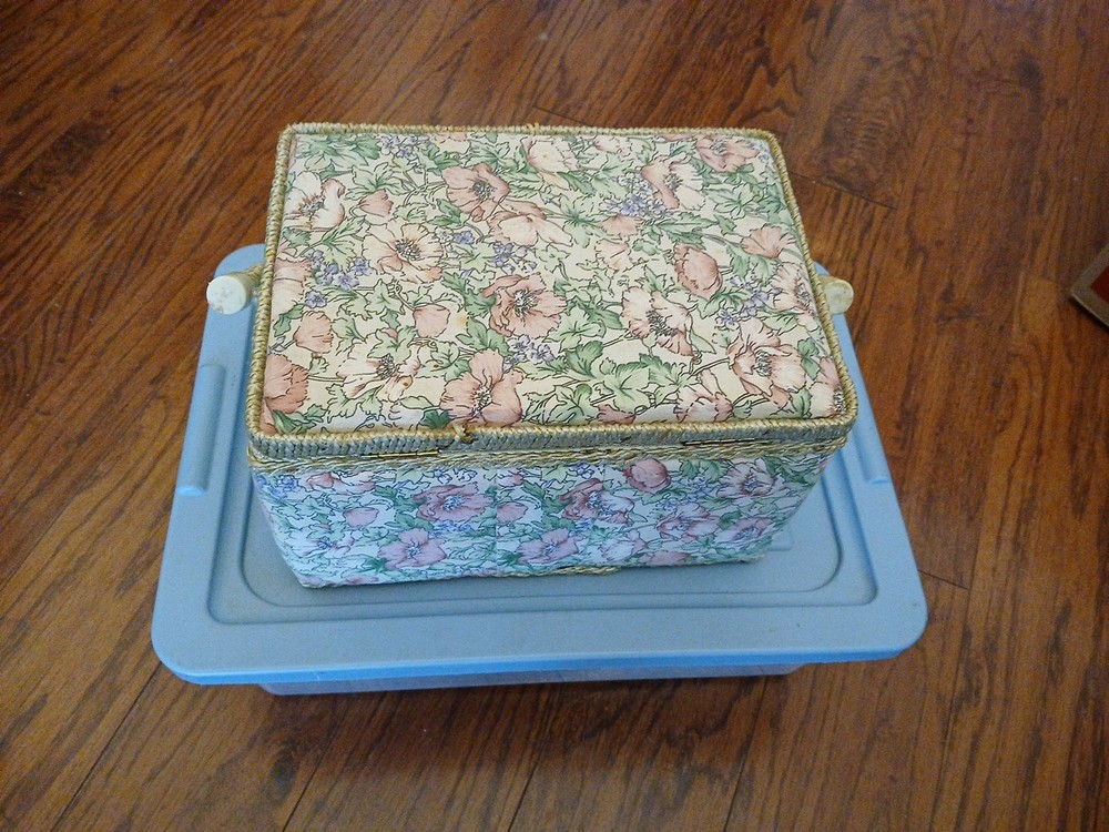 Vintage Fabric Covered Sewing Box with Handle