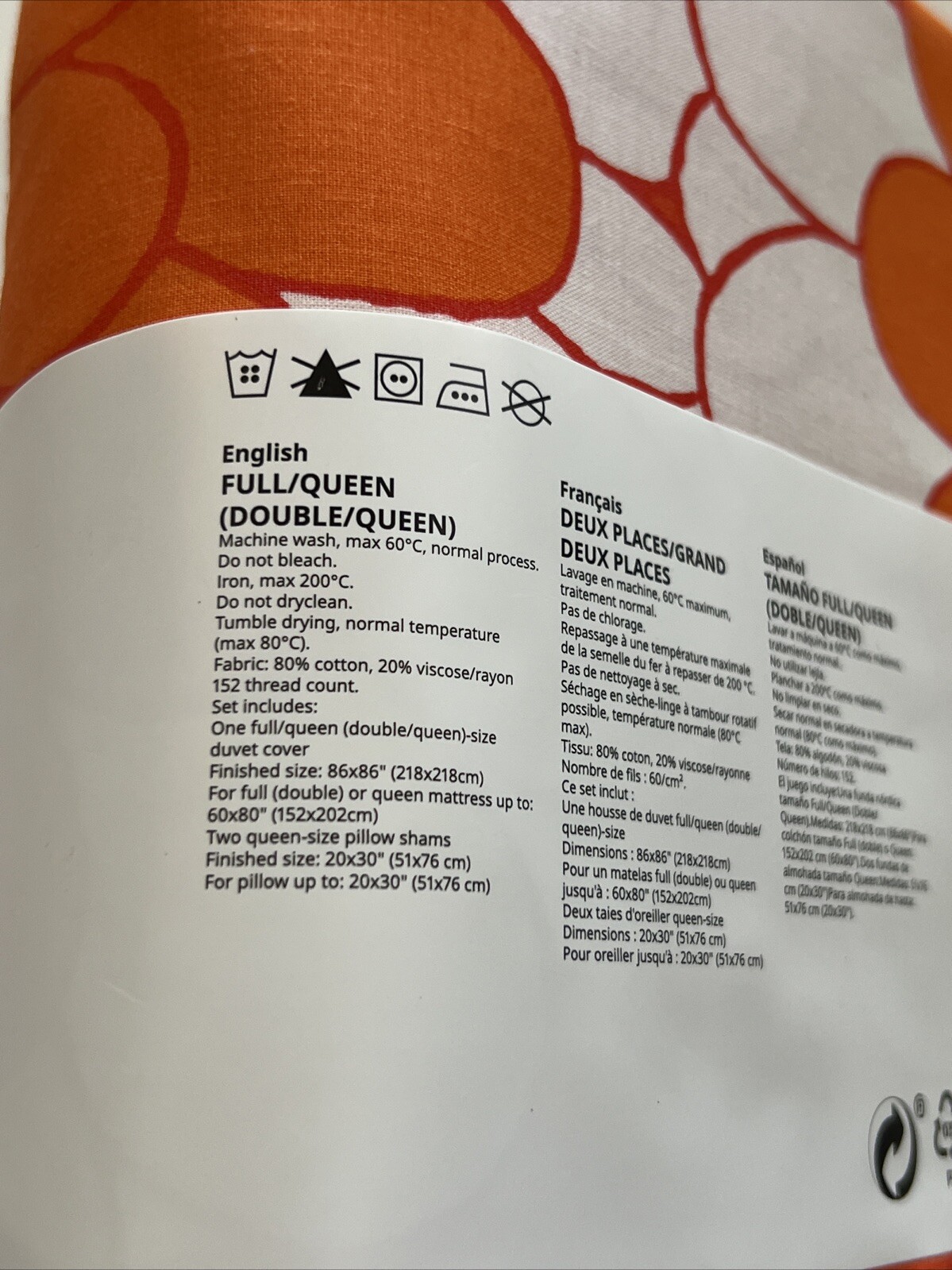 New IKEA KRANSMALVA Full Queen Duvet Cover + 2 Pillowcases Orange White Floral