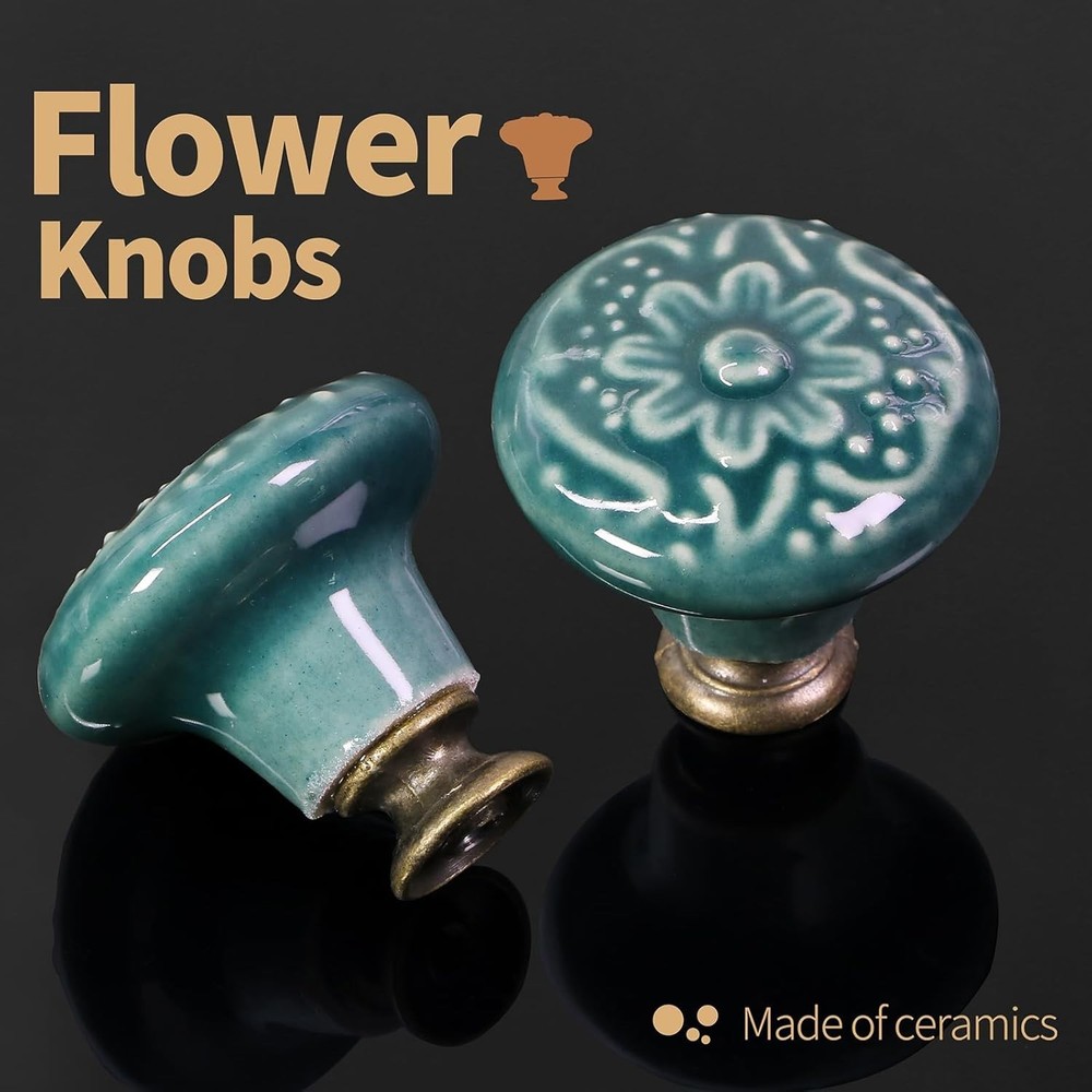 Green Ceramic Knobs 10 Pack - Vintage Cabinet Retro Dresser