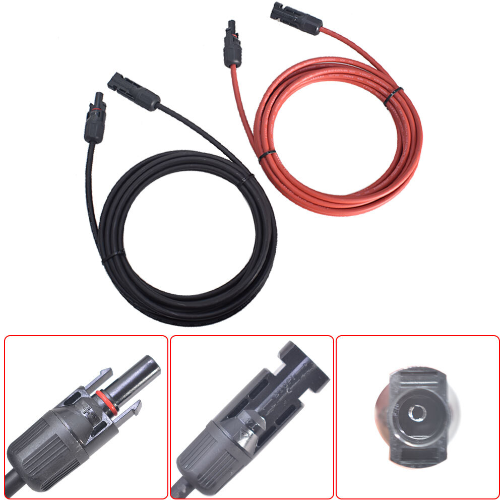 Black + Red Solar Panel Extension Cable Wire Connector 12AWG 10ft 1Pair