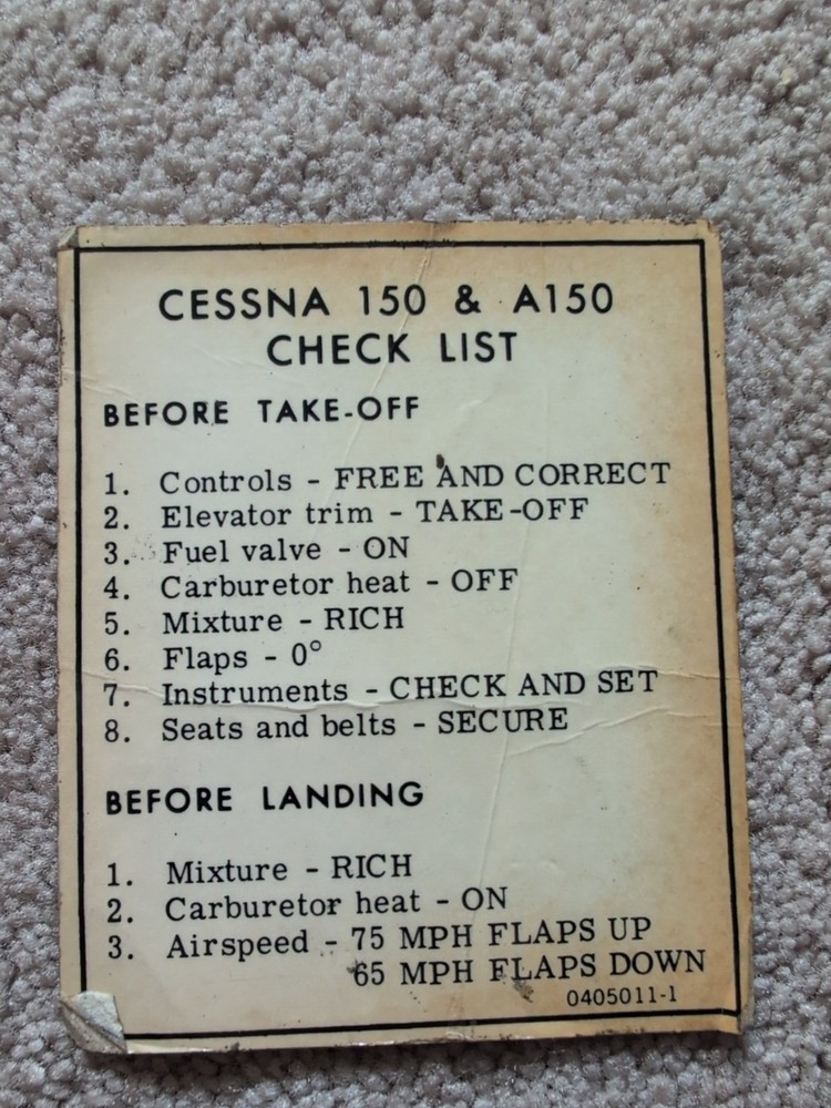 Cessna 150 & A150 Pilot's Checklist Card