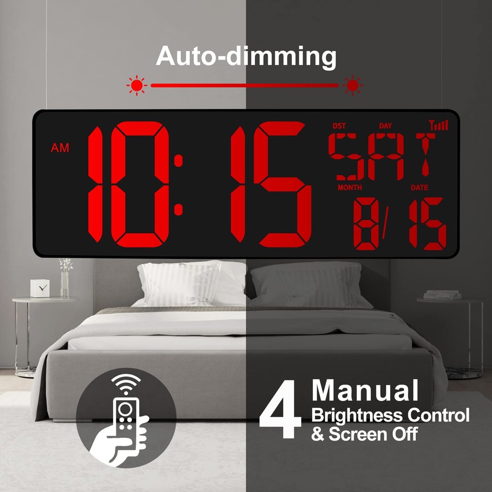 Large Digital Wall Clock WiFi Sync, 16.5 in Large Display Wall Clock with Tem...