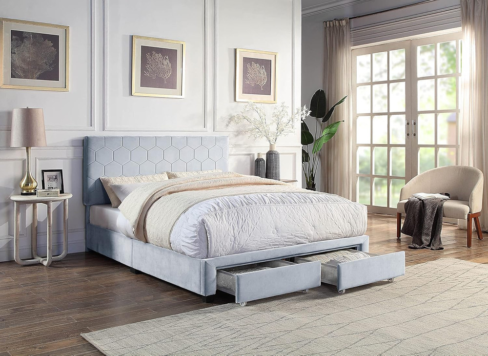 Stylish Light Gray Queen Bed with 2 Drawers - No Box Spring Required