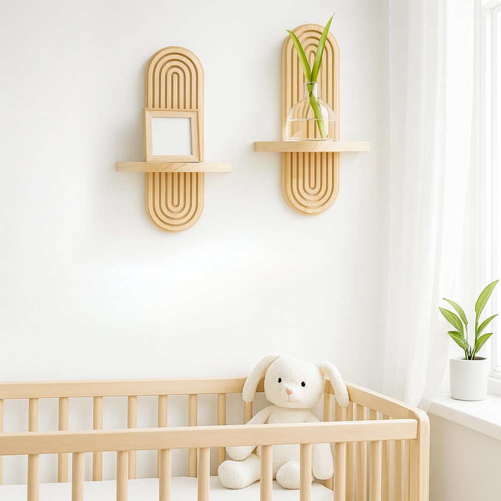 2 Pack Boho Shelf Wall Decor - Handmade Solid Wood Floating Shelves Rainbow A...