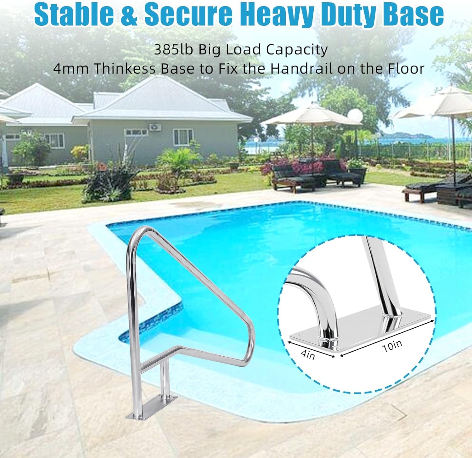 55"x32" Swimming Pool Handrail 385LBS 304 Stainless Steel Non-Slip Pool Railings