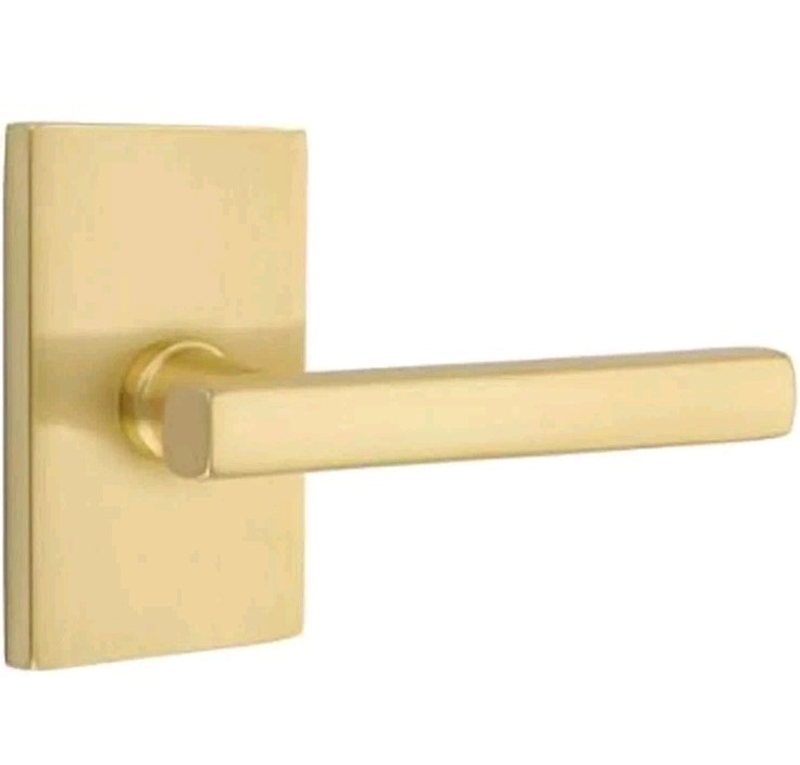 Modern Rectangular Rosette Privacy Set Freestone Lever Satin Brass 5212FRLRHUS4