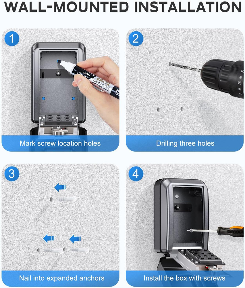 Wall-Mounted Key Lock Box, 12 Digit Combination Lock Box for Keys with Code, Lar