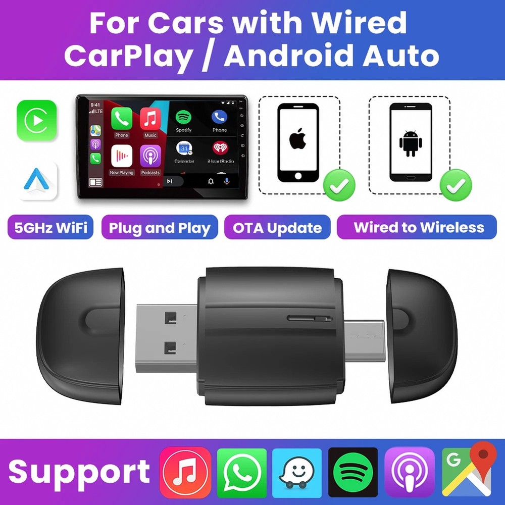 USB-C Dual-Interface Wireless Car Adapter for Wired Smartphone Projection — Plug