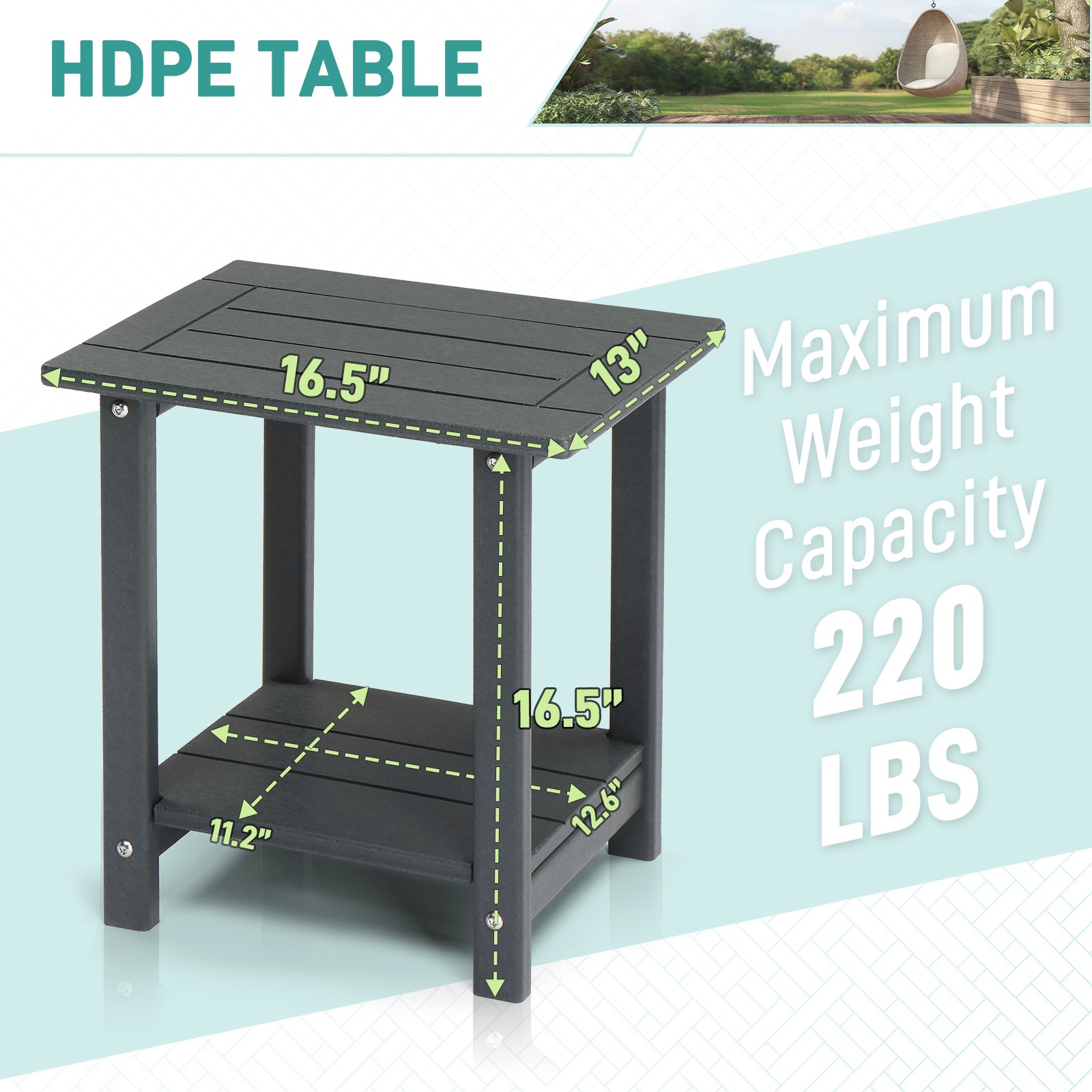 2 Tier Outdoor Side Table Black HDPE Adirondack Table Weather Resistant Square