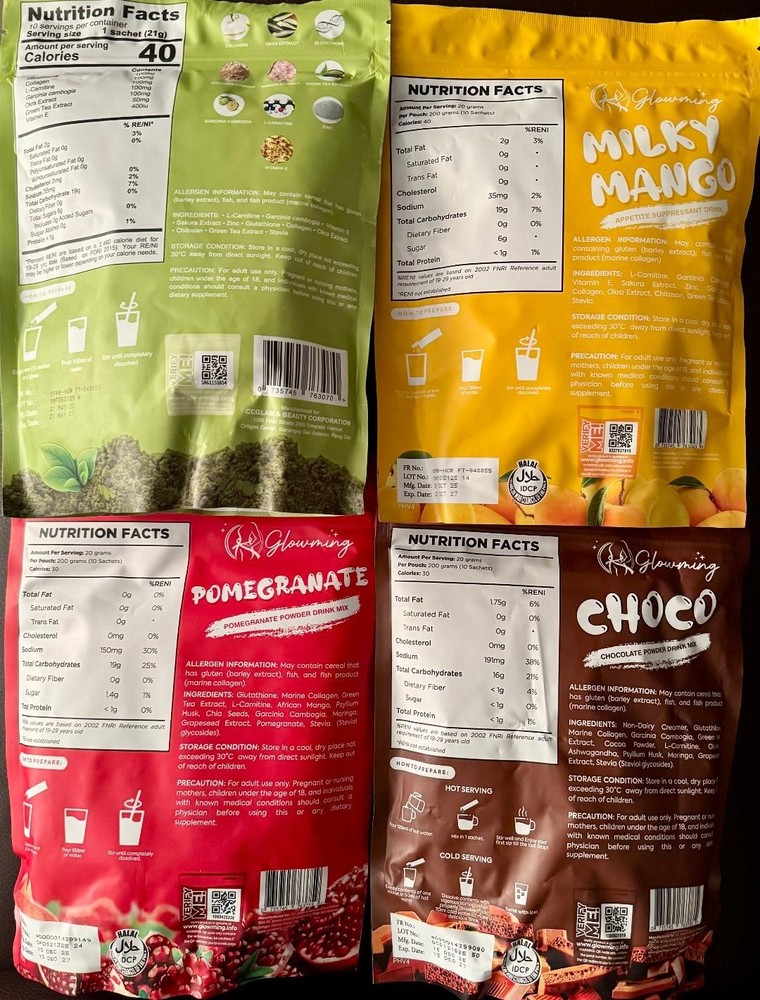 Glowming Matcha, Mango, Pomegranate, Choco, Assorted powder drinks 4 pk