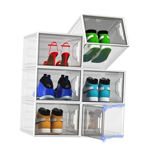 X-Large Stackable Shoe Boxes - Clear Plastic Shoe Storage Boxes 6 Pack White