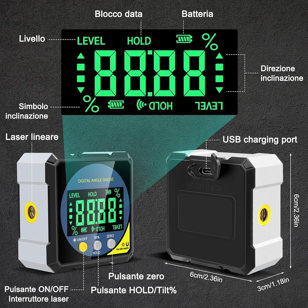 Type-C Rechargeable Laser Protractor with Versatile Measurements & Magnetic Base