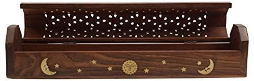 Coffin Style Wood Incense Burner Holder with Sun and Moon Inlays for Incense Sti