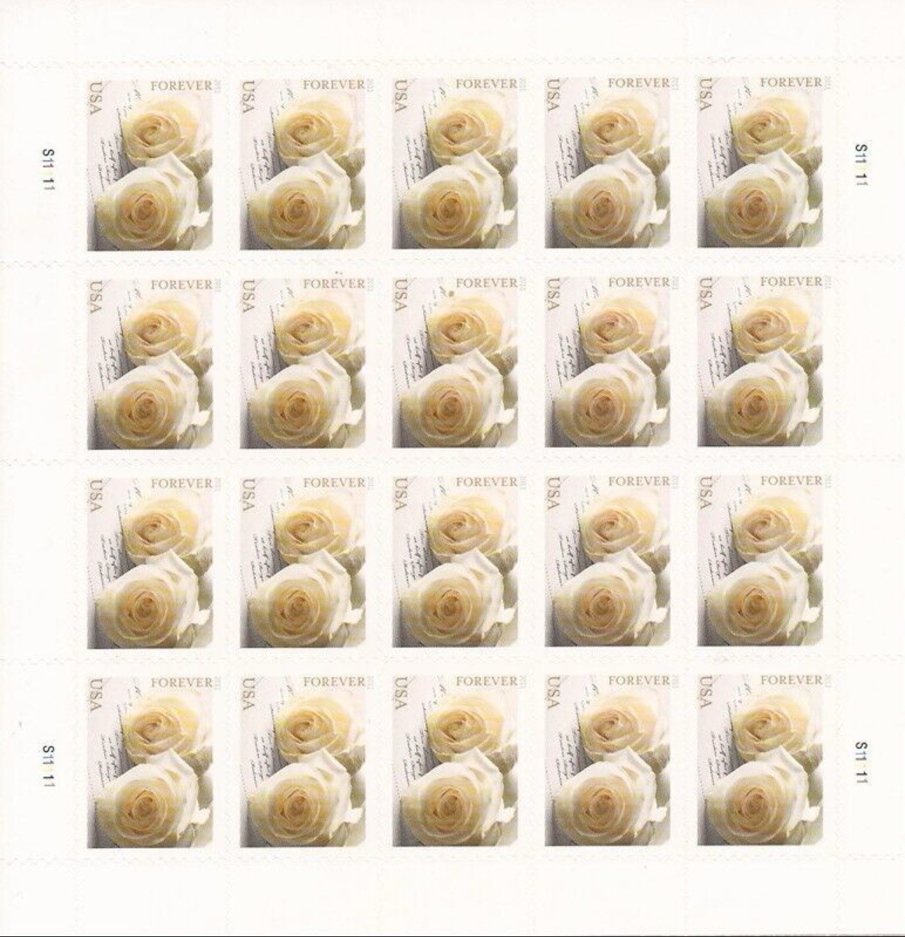 2011 USPS SHEET OF 20 FIRST CLASS LETTER STAMPS WEDDING ROSES 78¢