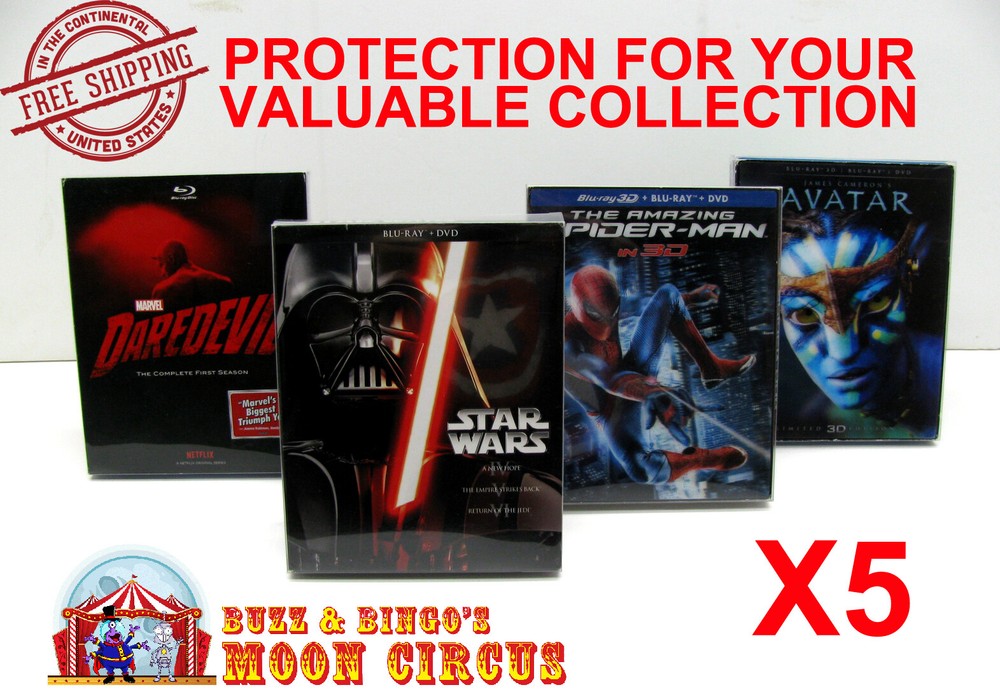 5x BLU-RAY WITH SLIPCOVER LARGE (SIZE BR3) - CLEAR PLASTIC BOX PROTECTOR SLEEVE