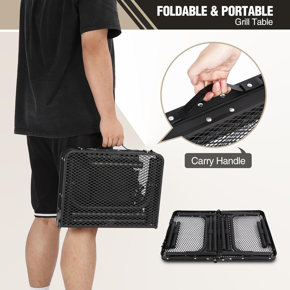 Small Folding Grill Table for Outside, 3 Heights Adjustable Lightweight Portable
