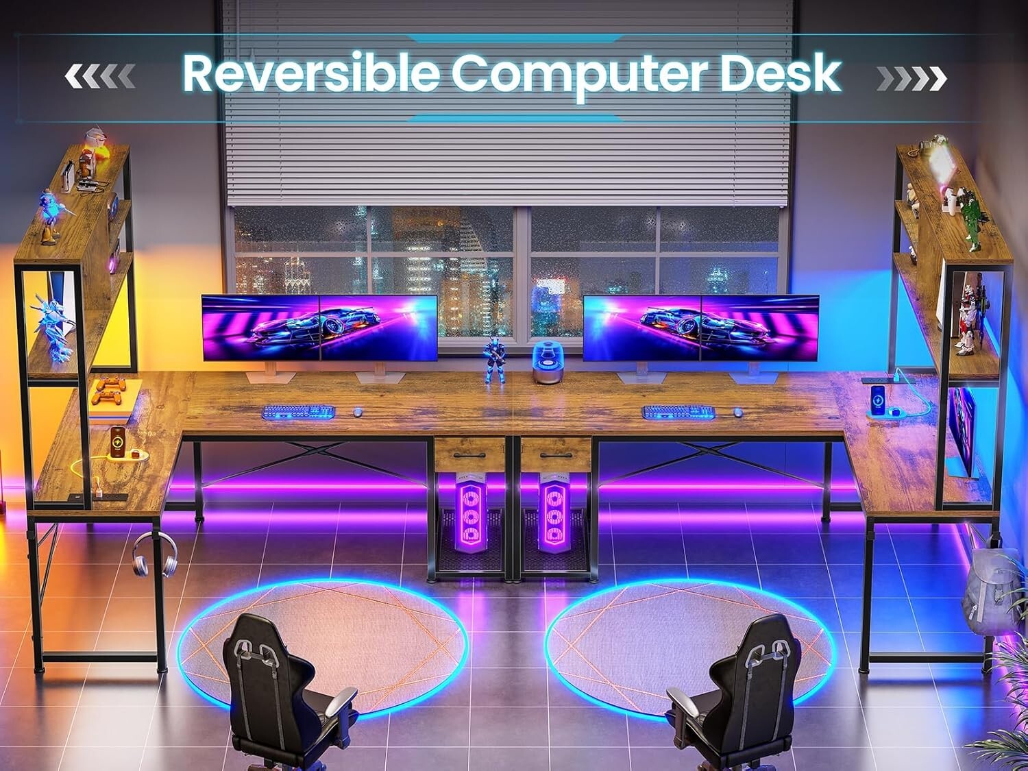 L Shaped Computer Desk with LED Lights and Storage Shelves, Home Office Desk