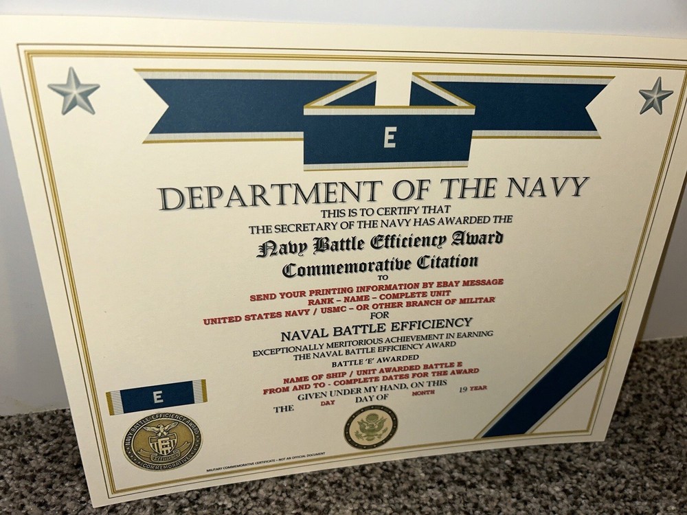 NAVY BATTLE EFFICIENCY AWARD COMMEMORATIVE CERTIFICATE ~ TYPE-2 / W/PRINTING