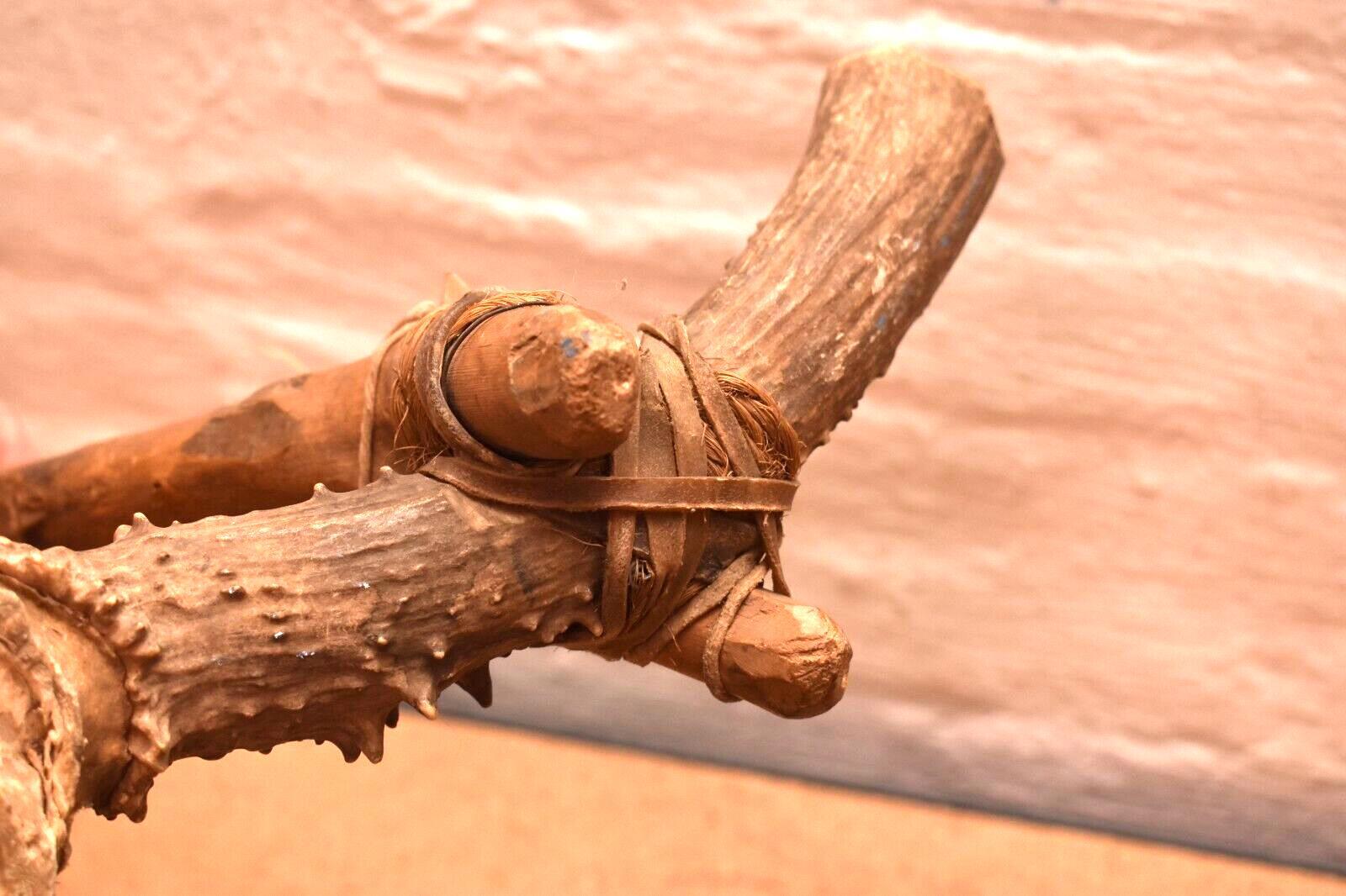 Antique Native American Indian Plains carved Wood W ANTLER war club Axe Tomahaw