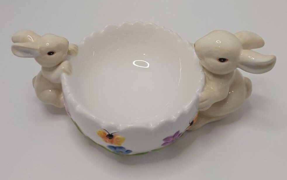 Ceramic Easter Candy Dish w/2 Bunnies/Flowers/Butterflies